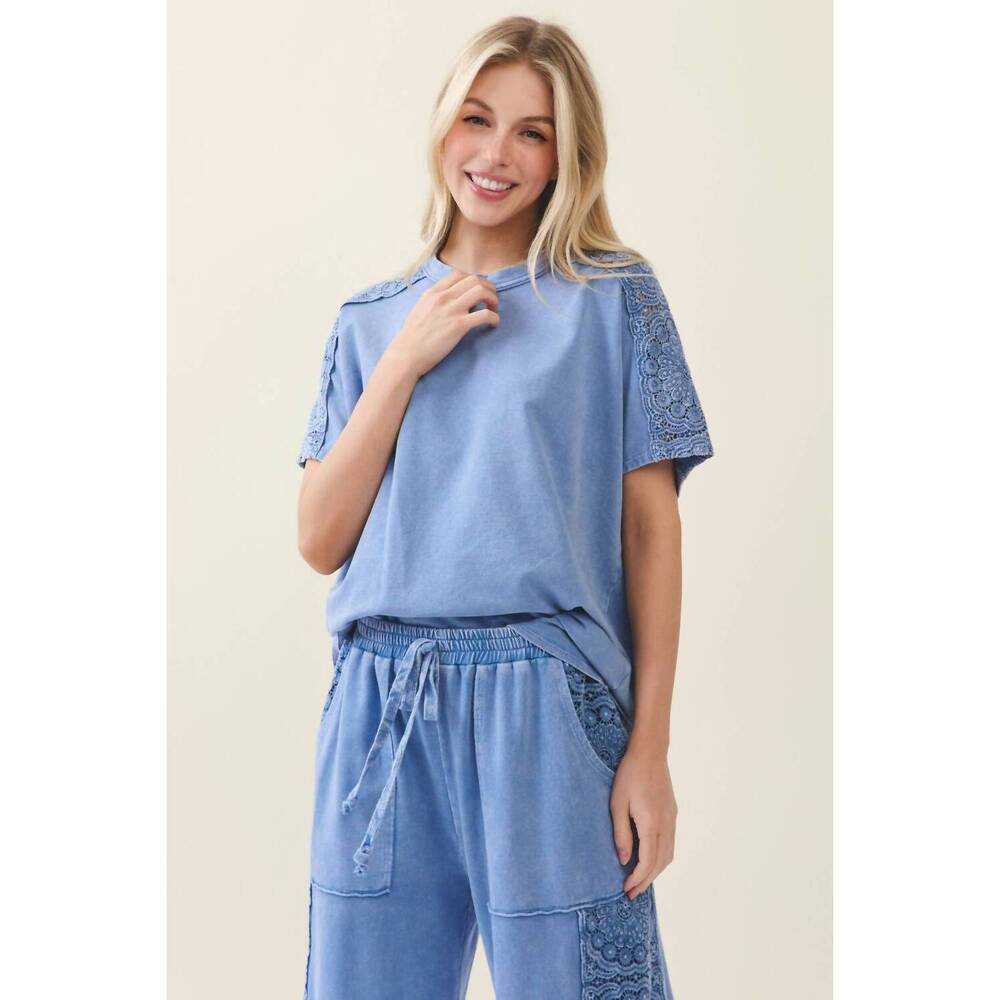 NEW J.HER mineral washed boho trim blouse top in denim blue